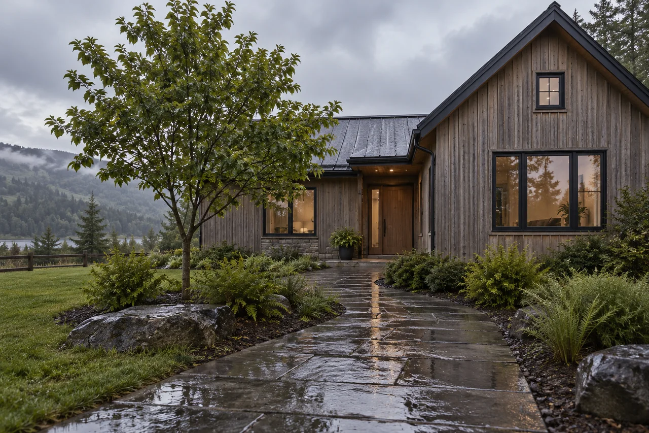 Original concept wood-clad home and wet stone path after rain