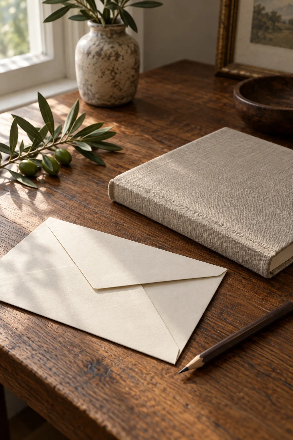 Original blank envelope, linen notebook and olive branch still life