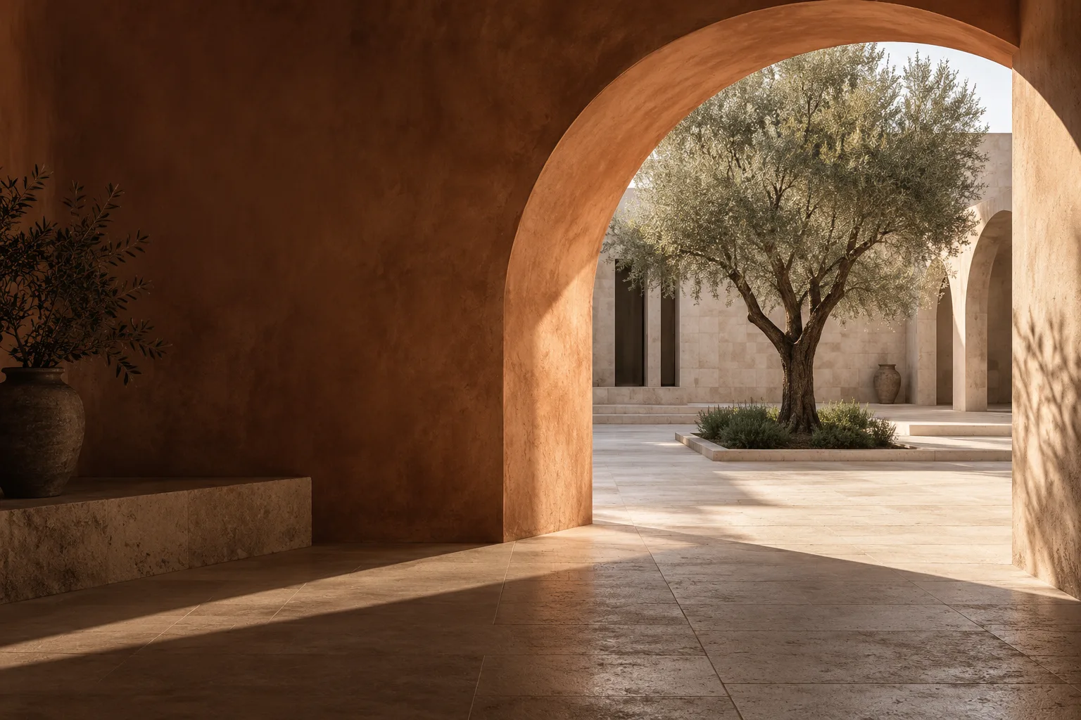 Original conceptual terracotta arch and sunlit courtyard; not an actual office
