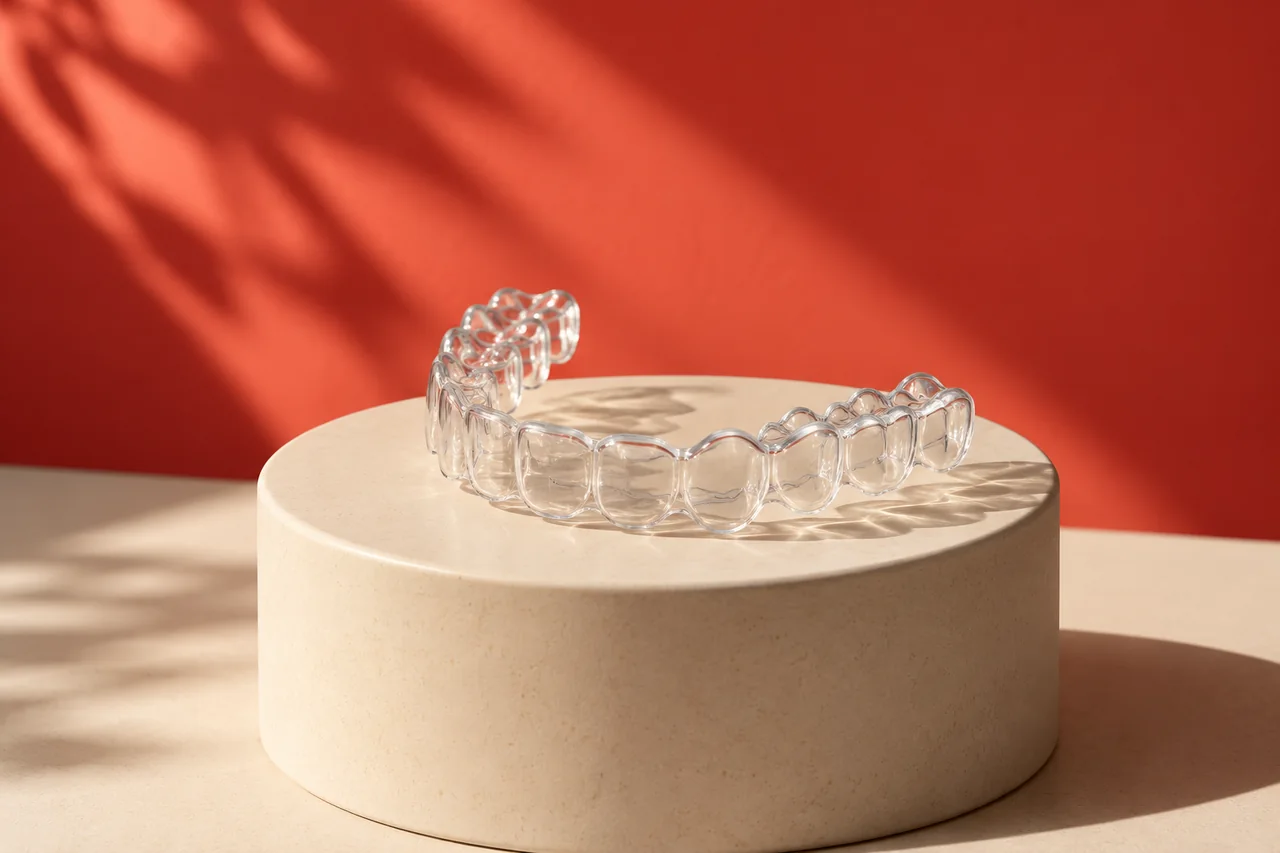 Original concept product still life of transparent dental aligners on cream plaster with a coral backdrop