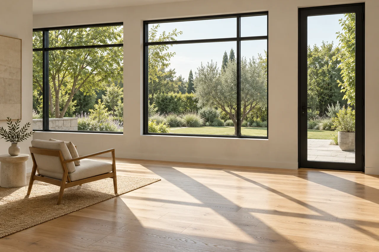 Original concept room with black framed windows and a glazed exterior door