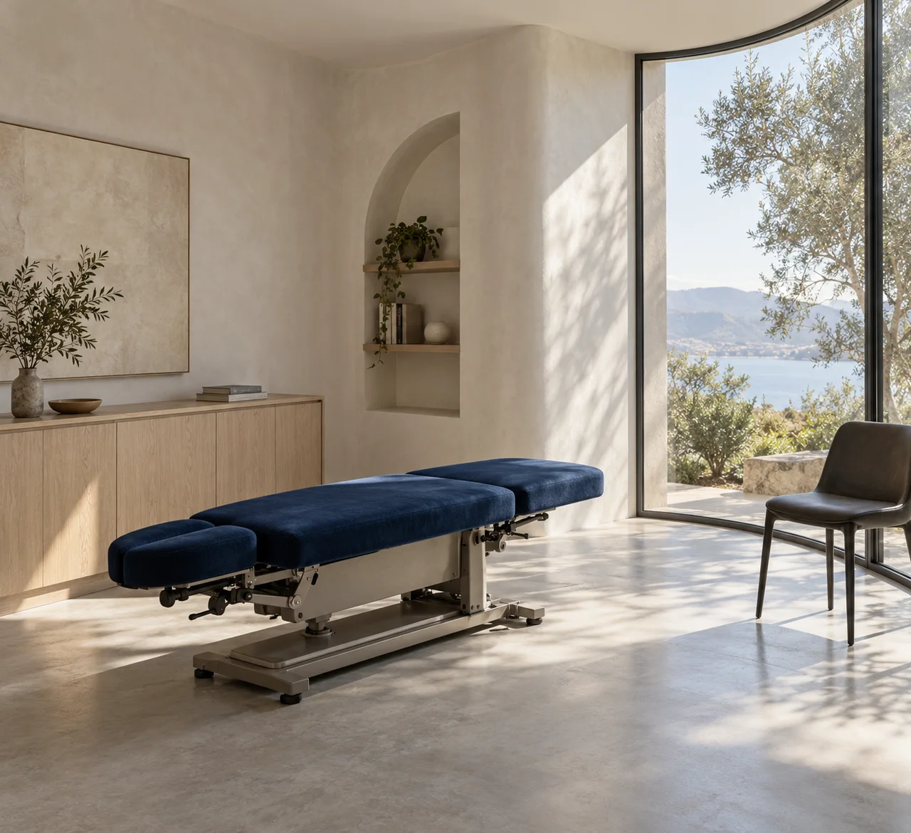 Original concept photograph of a cobalt chiropractic bench beneath a curved window