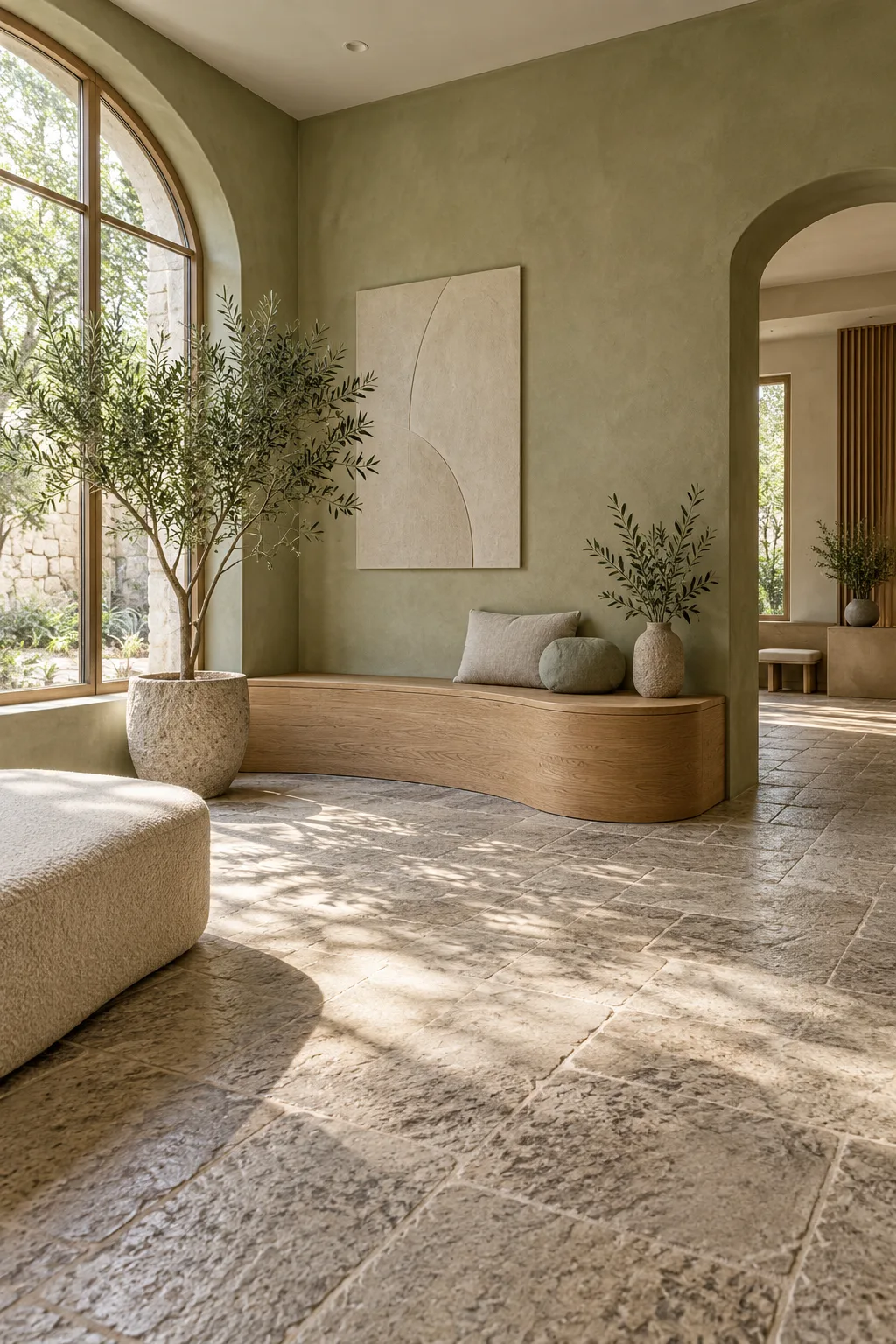 Original concept room with pale olive walls, oak bench and soft window daylight