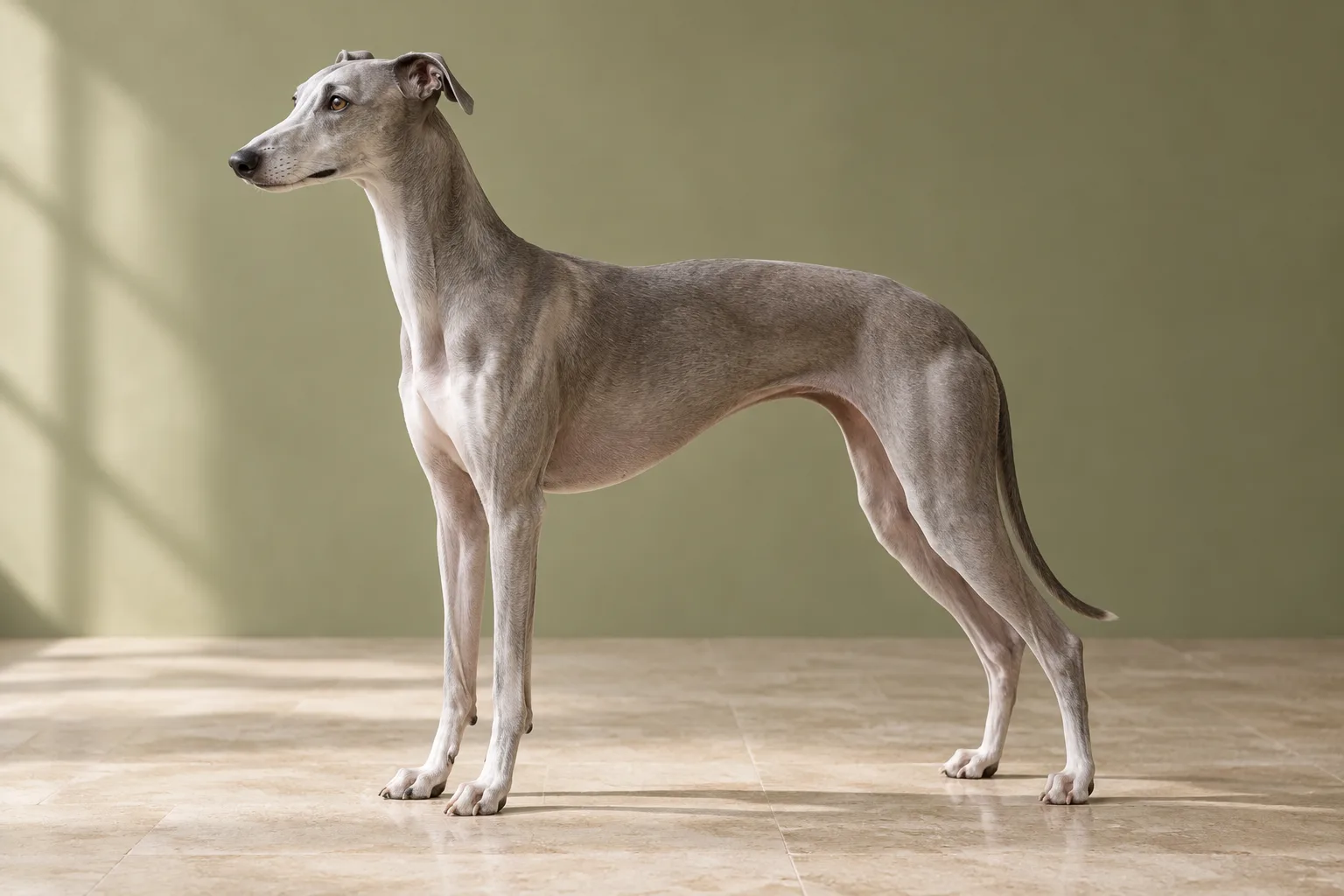 Original fictional grey whippet portrait in a pale olive studio; no treatment result