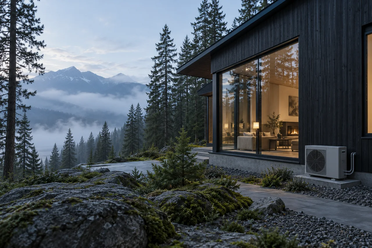 Concept alpine home with warm interior and an outdoor heat-pump unit
