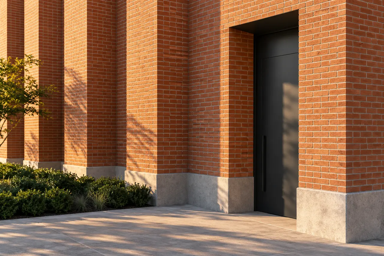 Original concept photograph of precise red brick masonry, a recessed dark doorway and concrete plinth