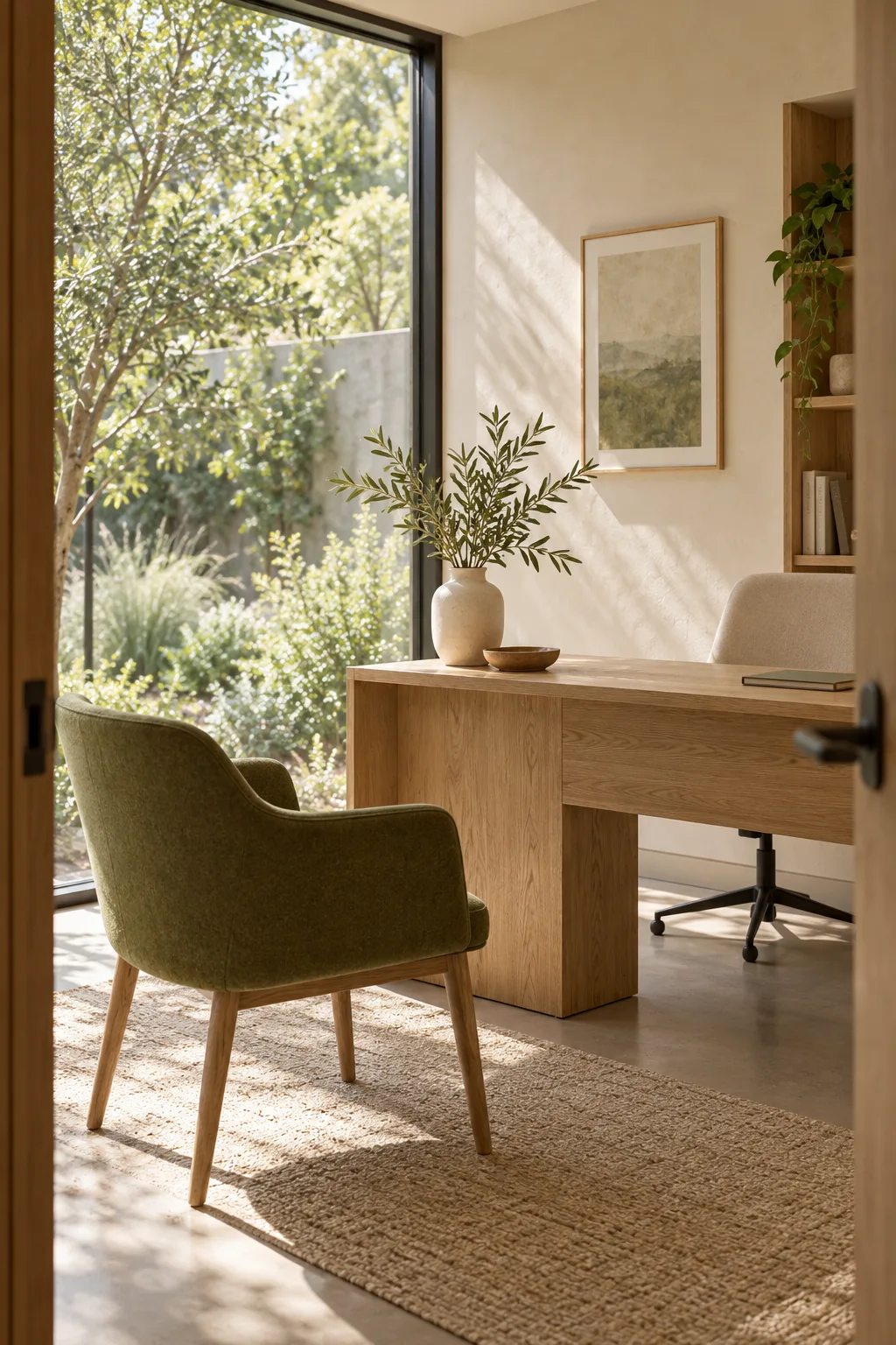 Original concept consultation room with a moss-green chair, oak desk and garden window