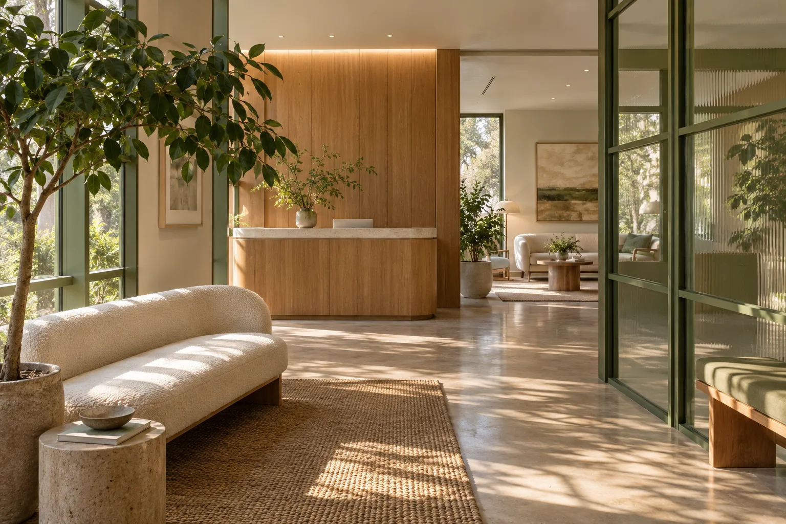 Original concept reception with moss-green glass, oak surfaces, cream seating and sunlit plants