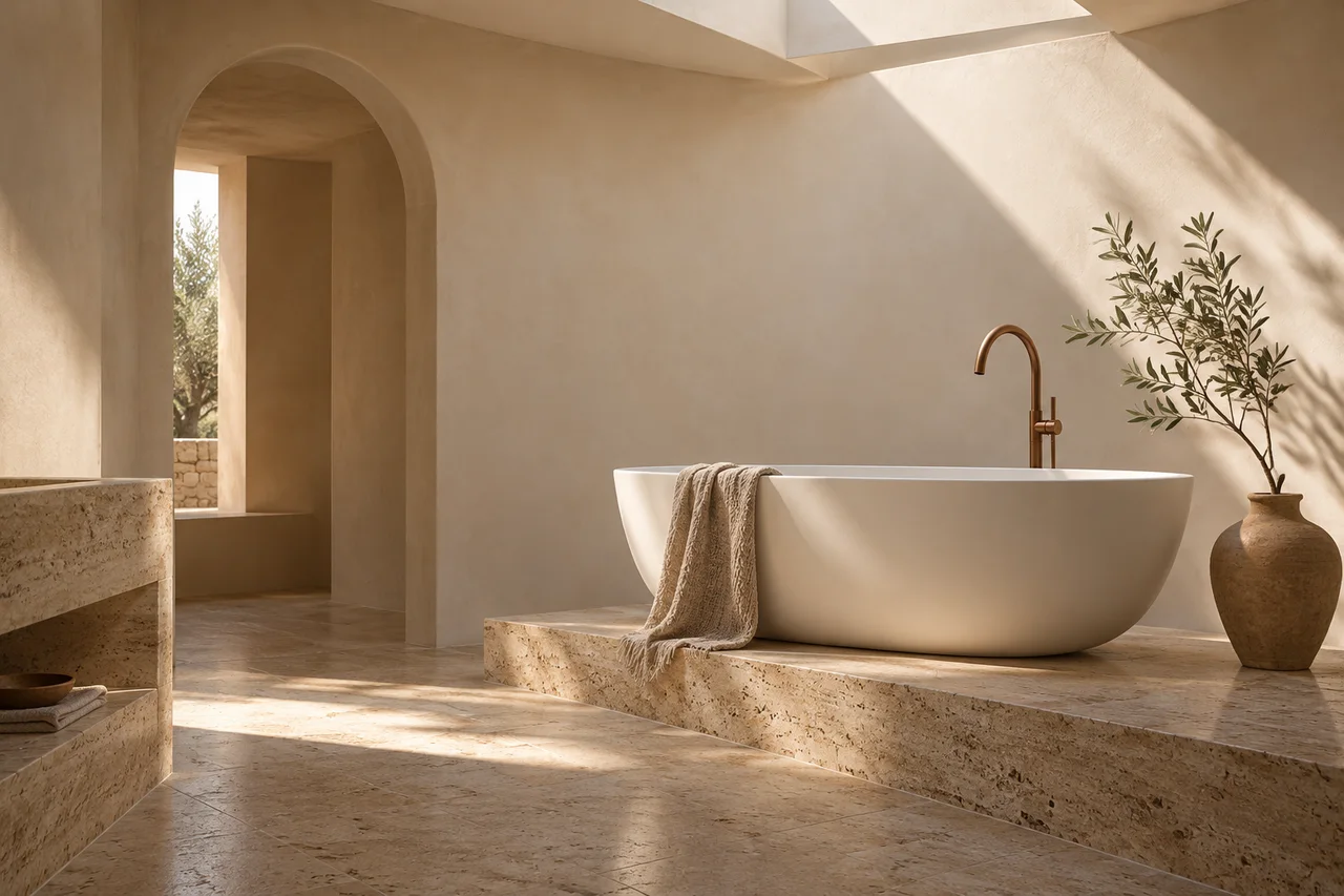 Original concept travertine bathroom with a copper-toned tap and freestanding bath