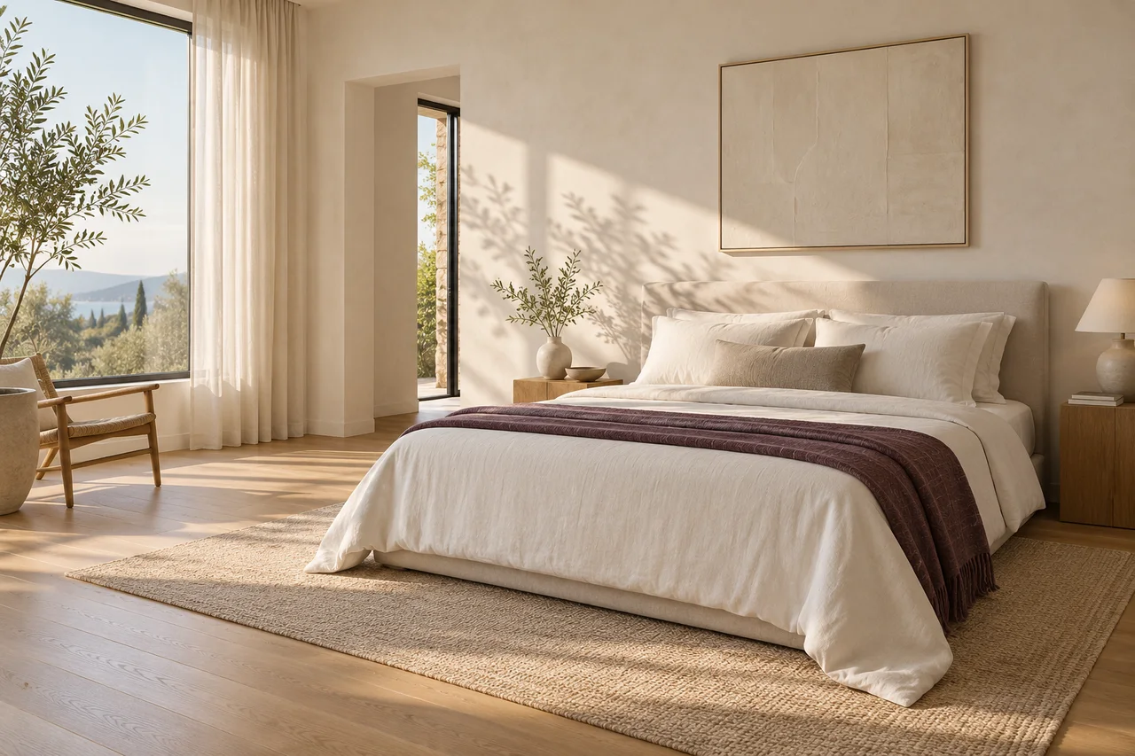 Original concept sunlit bedroom with ivory bedding and a plum throw