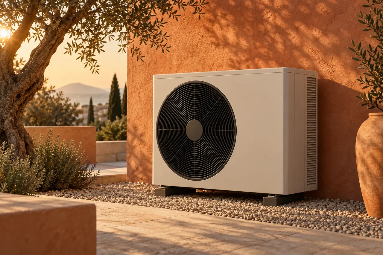 Concept unbranded heat pump in a sunlit terracotta courtyard