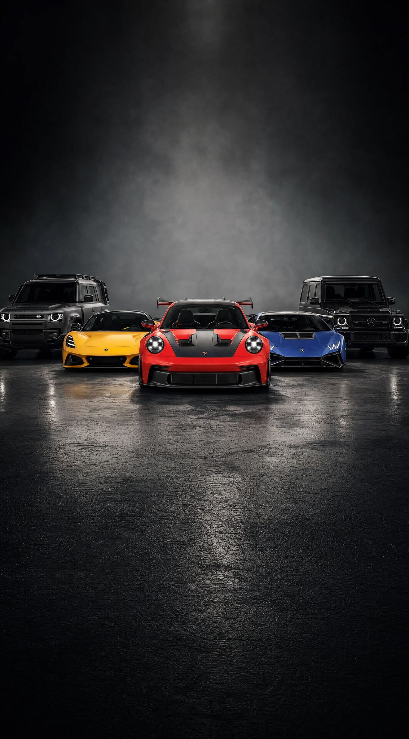 A custom Forge collection of five luxury vehicles on a dark reflective floor