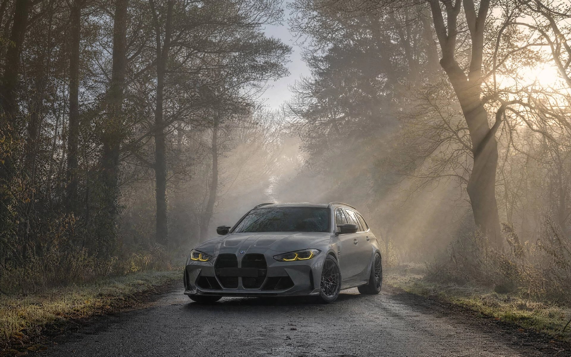 A custom Forge BMW M5 Touring parked on a wet road surrounded by misty, sunlit trees.