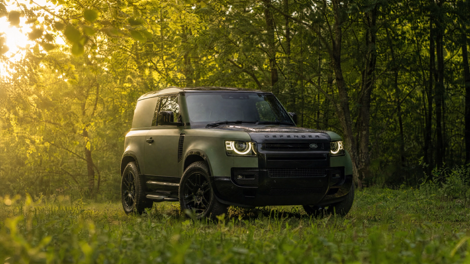 A custom Forge Land Rover Defender 90 parked on a grassy patch in a sunlit forest.
