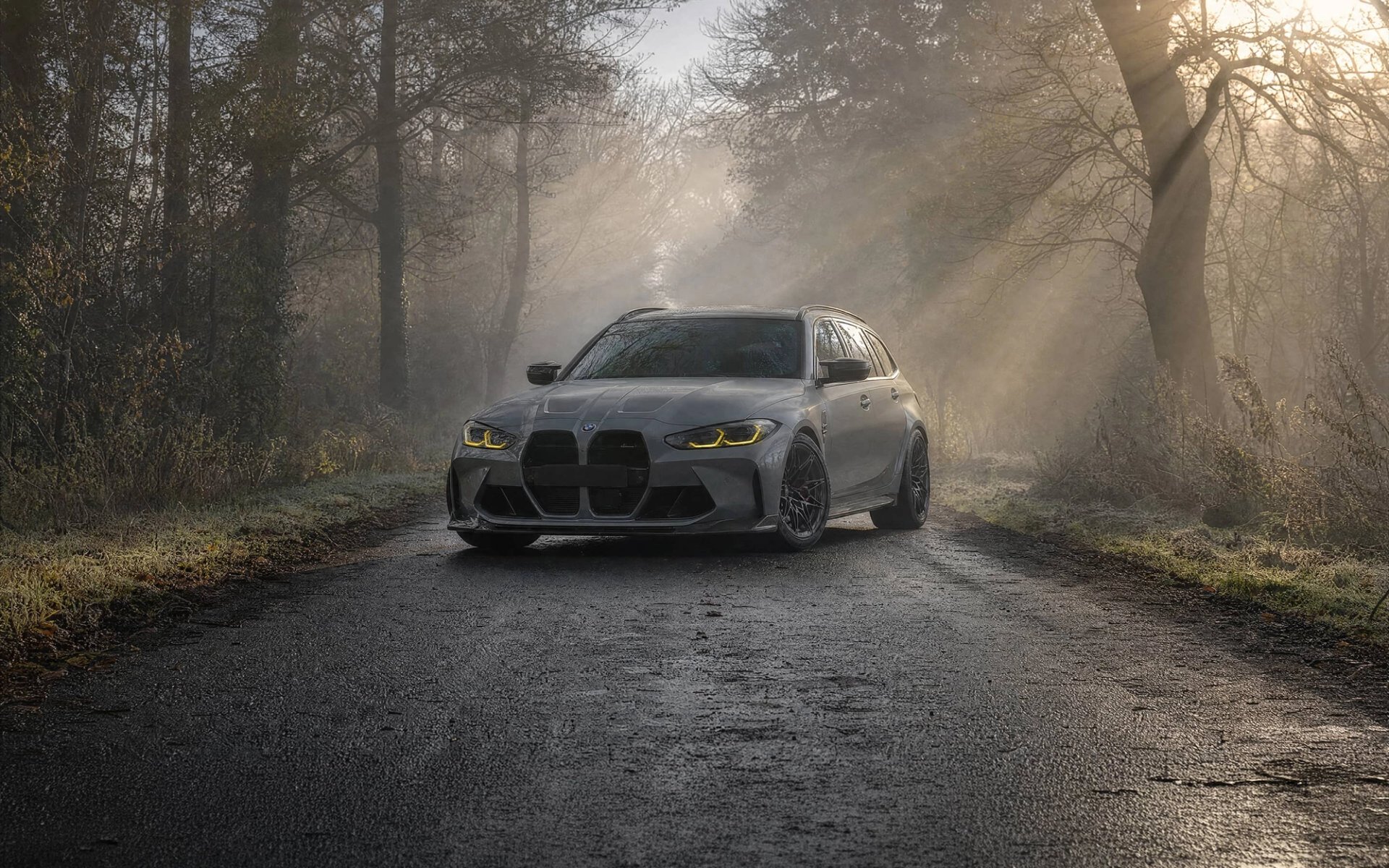 A custom Forge BMW M5 Touring sits on a narrow, wet country road framed by foggy, sunlit trees.