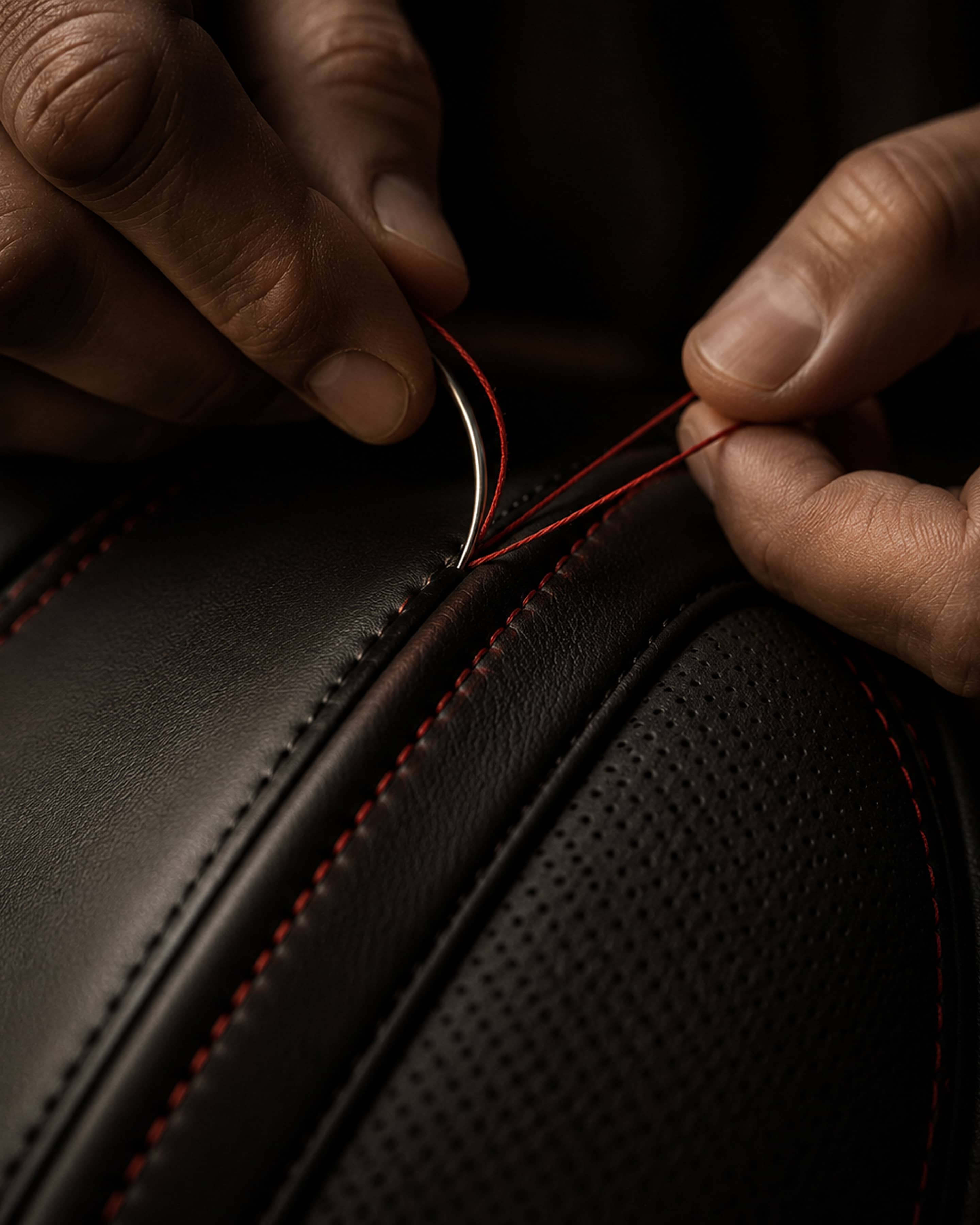 Hands stitching red leather with care