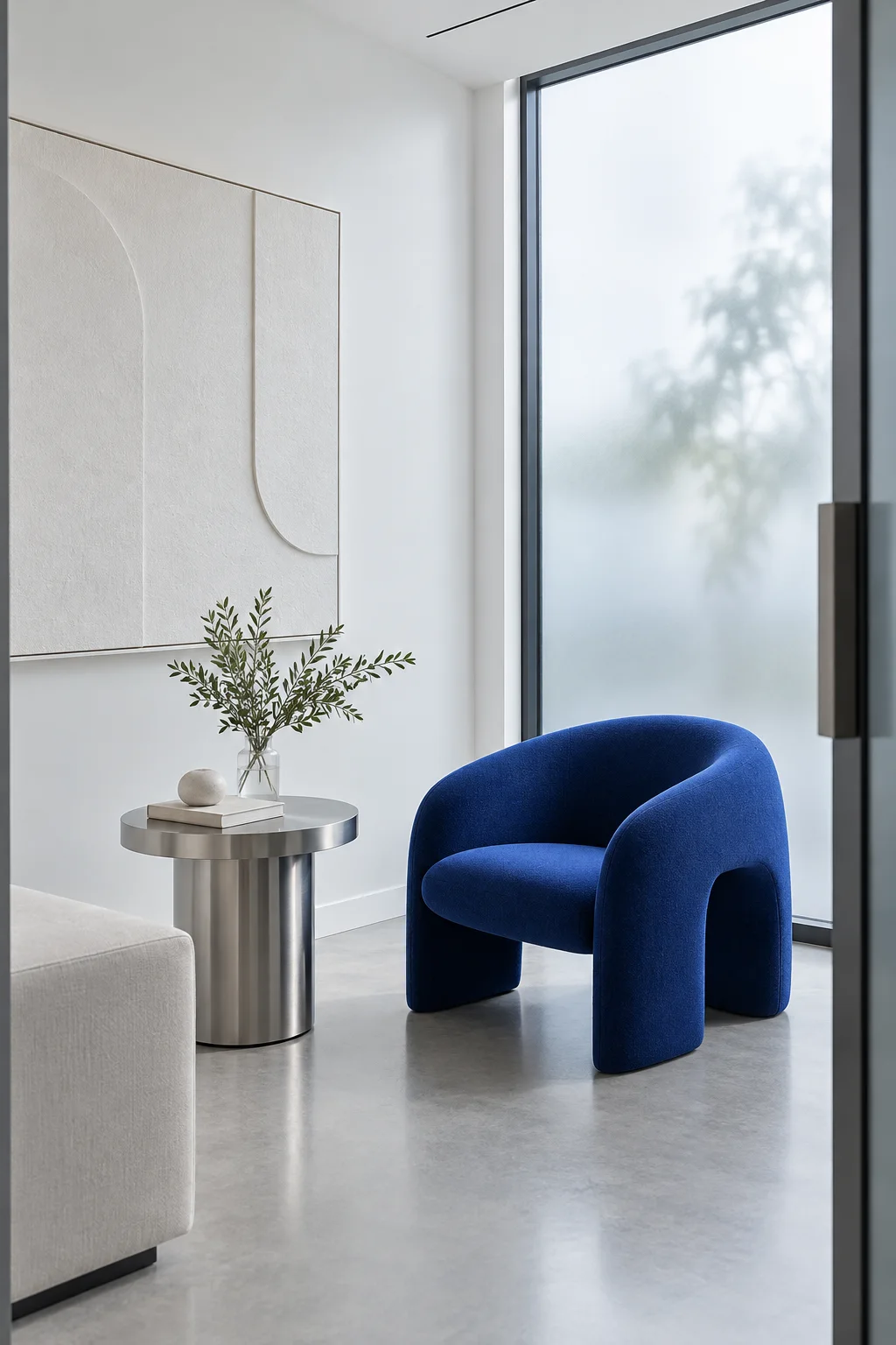 Concept consultation interior with a cobalt chair, stainless steel side table and frosted glass window