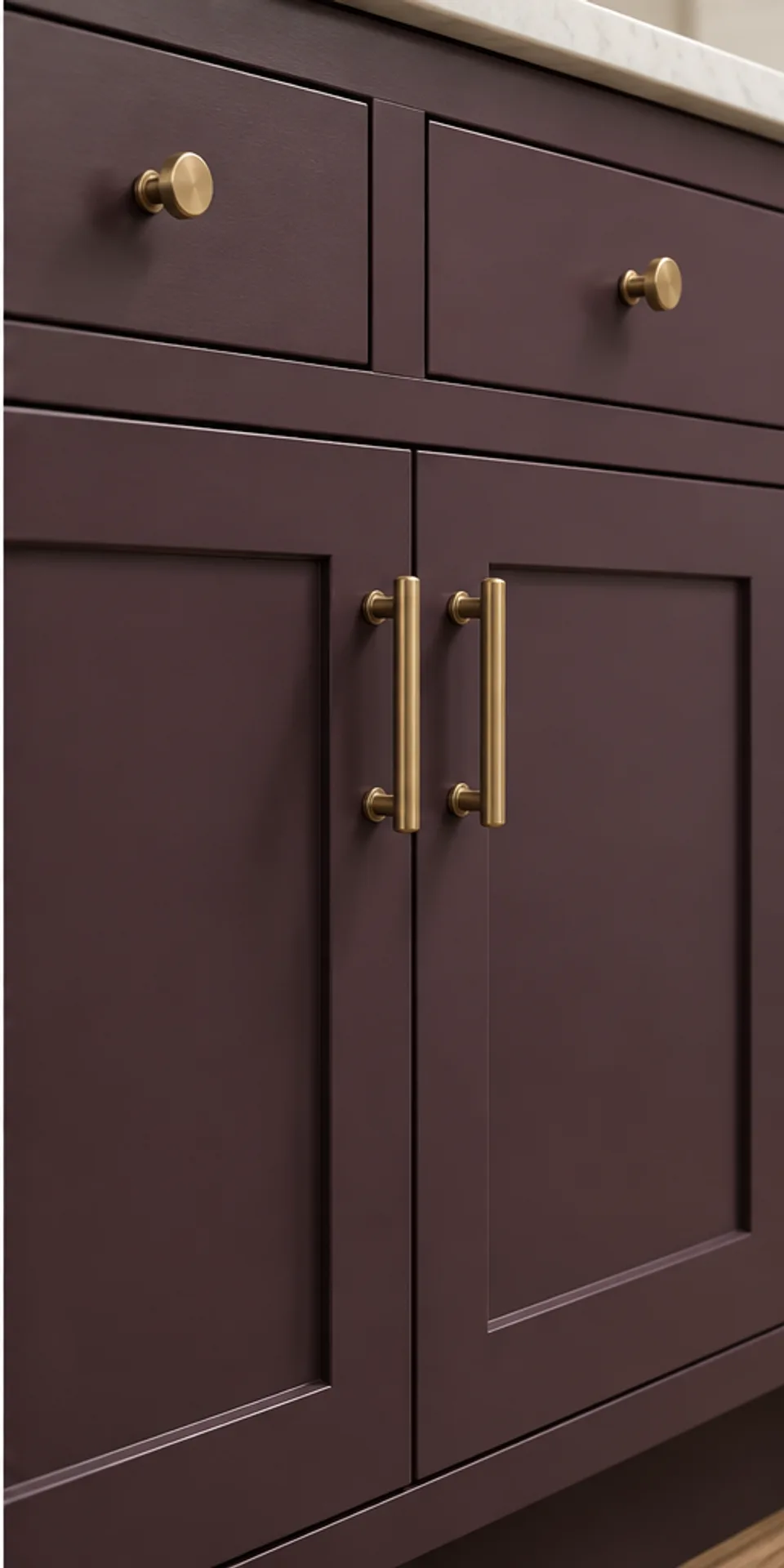 Generated close view of plum painted cabinet doors and drawer fronts