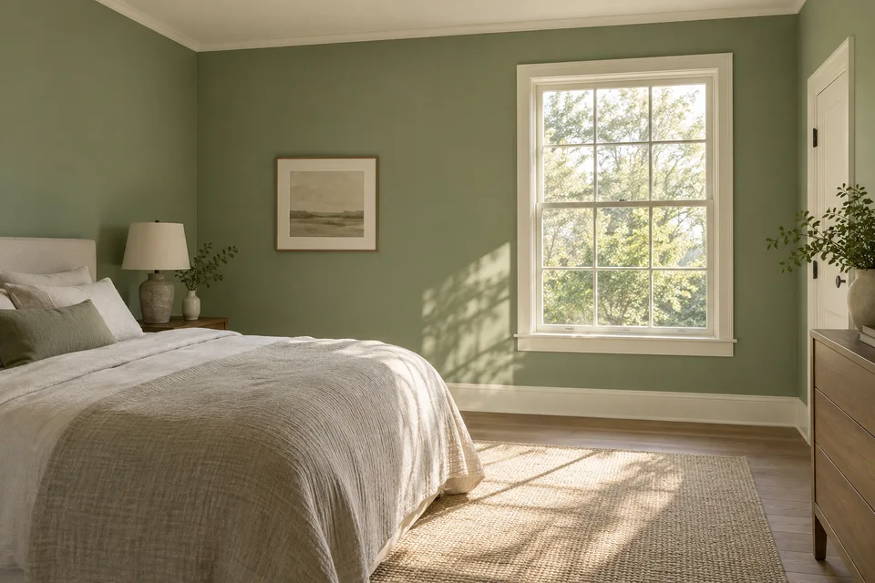 Generated concept: Sage green bedroom walls with ivory trim and a linen bed