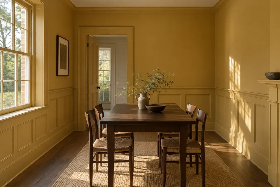 Generated concept: Ochre painted dining room paneling and oak dining table