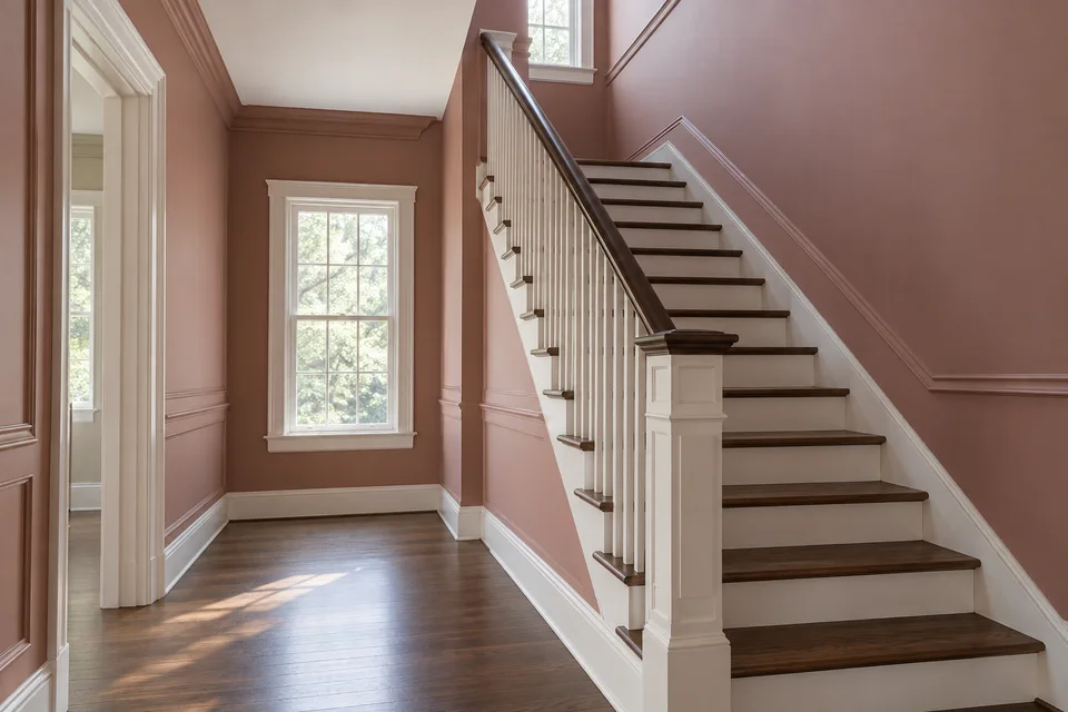 Generated concept: Dusty rose staircase hall with crisp white stair risers