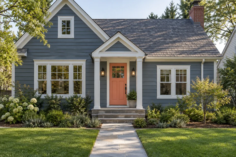 Generated concept: Slate blue cottage siding, white trim and coral front door