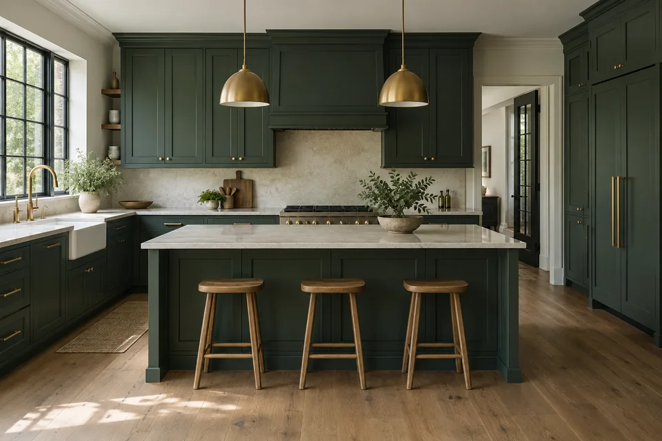Generated concept: Forest green painted kitchen cabinets and brass hardware