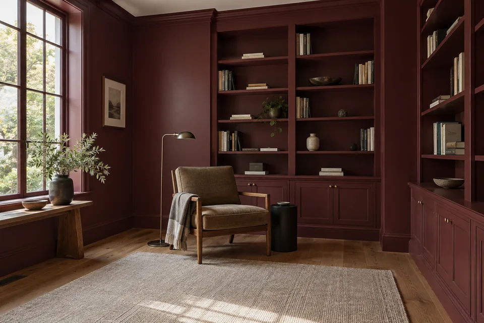 Generated concept: Burgundy library bookshelves and matching painted walls