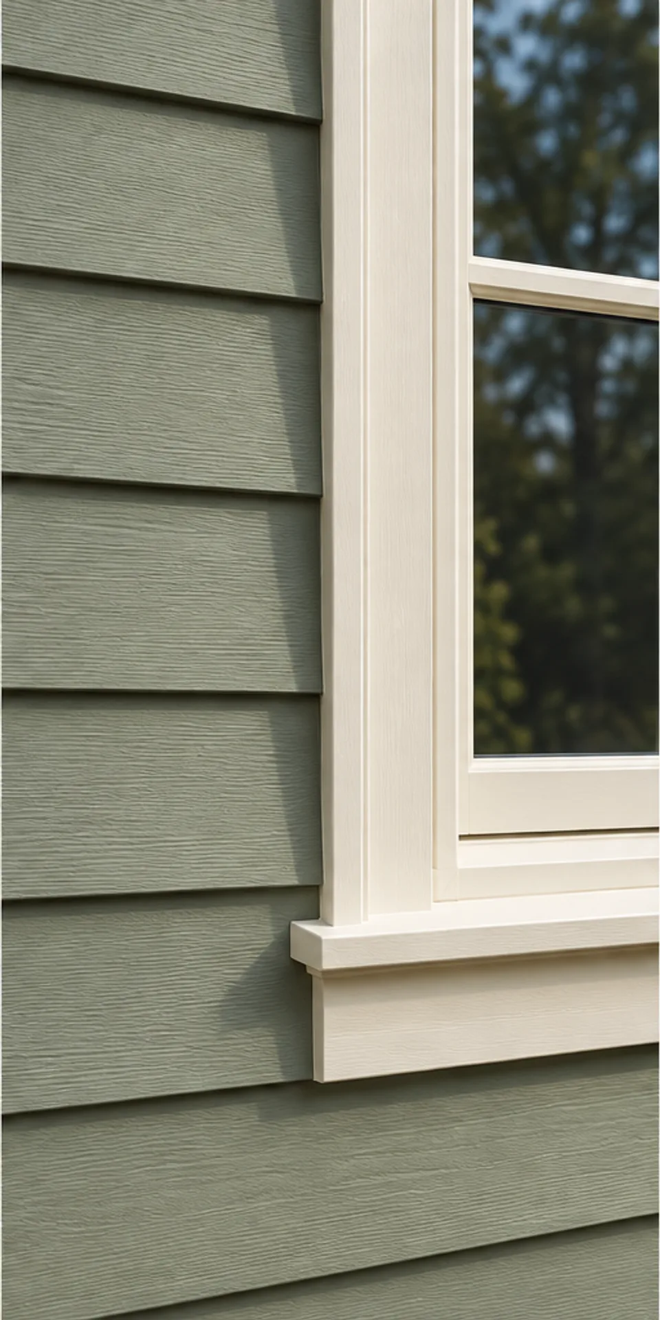 Generated detail of sage painted siding and cream window trim