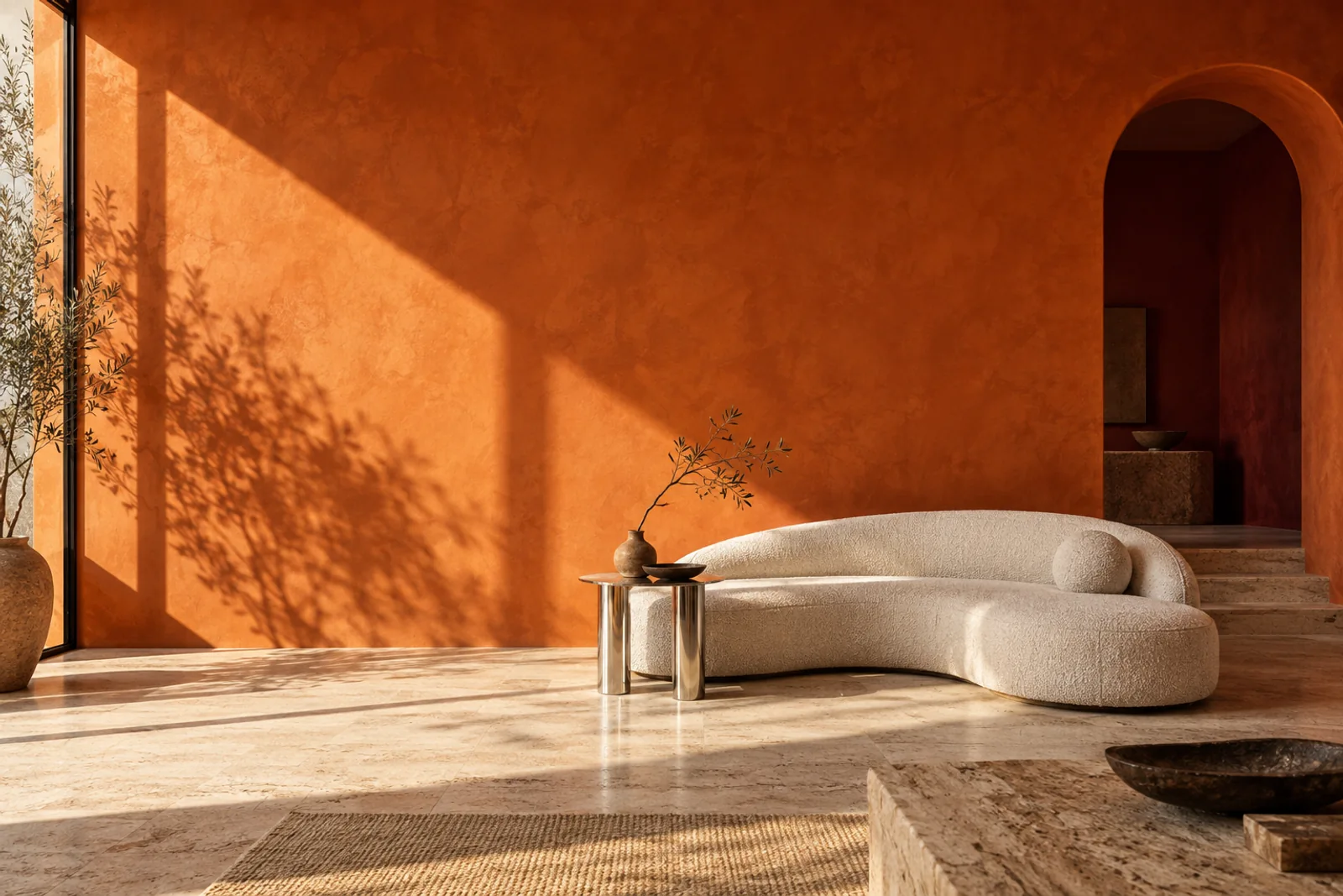 Generated concept of a terracotta room with sculptural cream seating