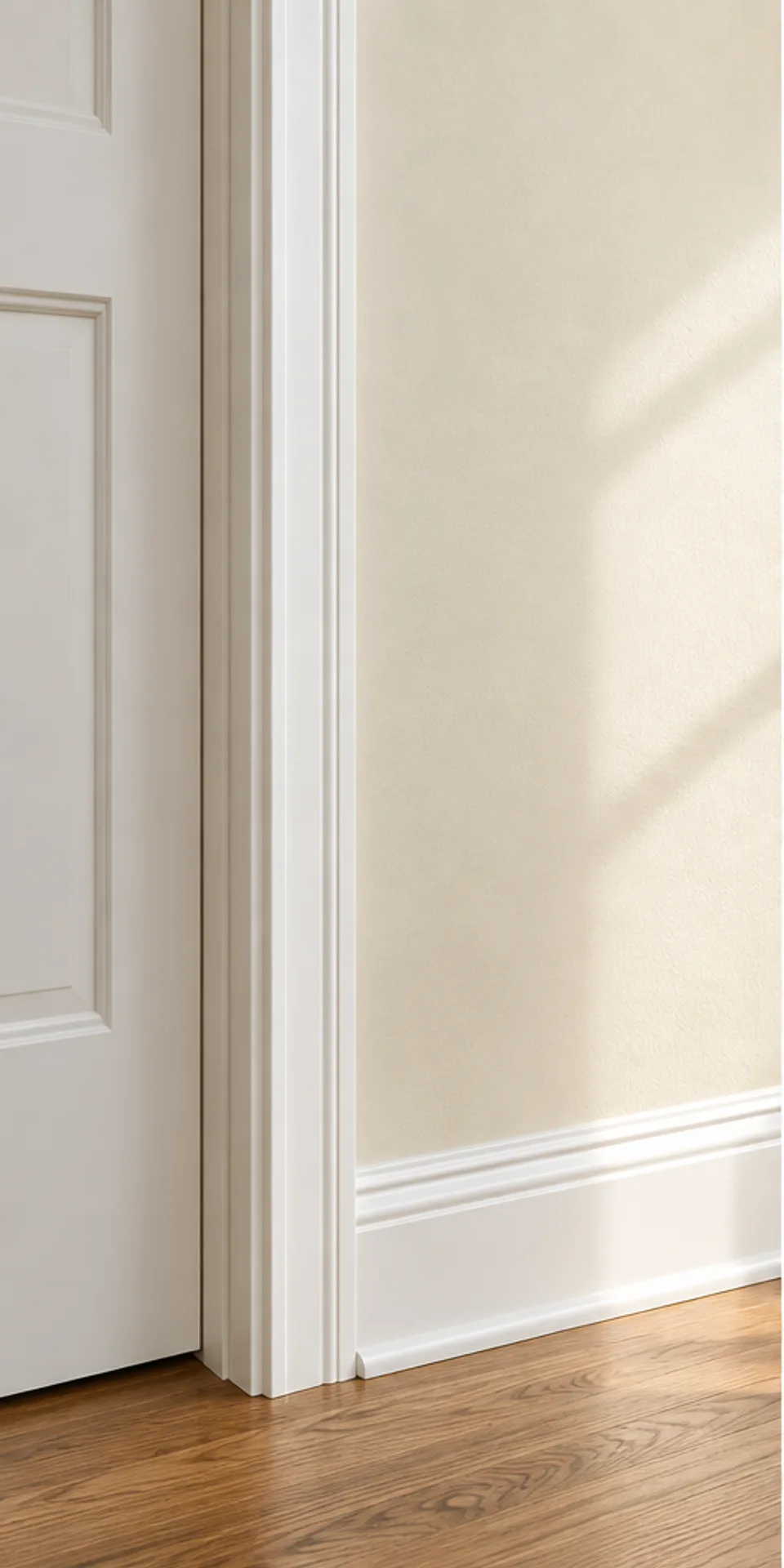 Generated detail of an ivory painted wall, white door casing and baseboard