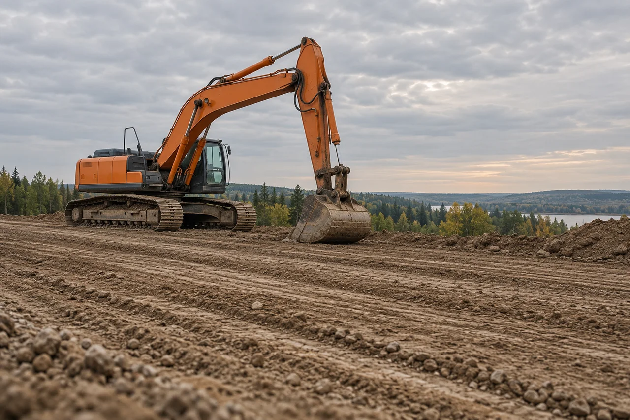 Original concept photograph of an unbranded orange excavator at rest on a graded site