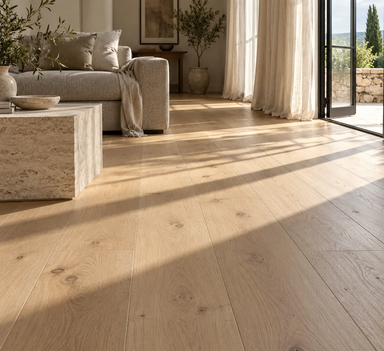 Original room concept with pale oak flooring, warm gray seating and long daylight shadows