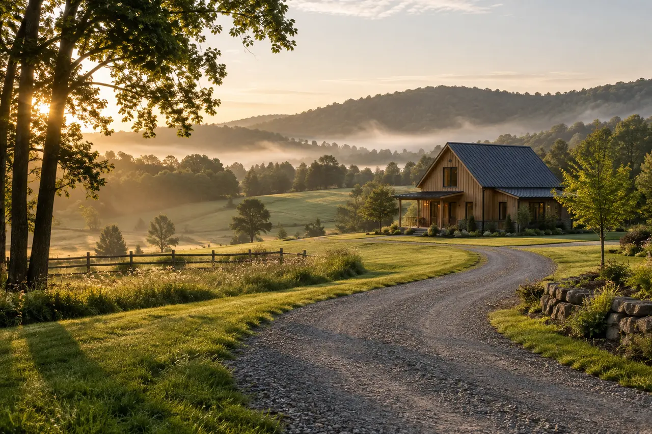 Original concept rural farmhouse, meadow and gravel driveway at sunrise