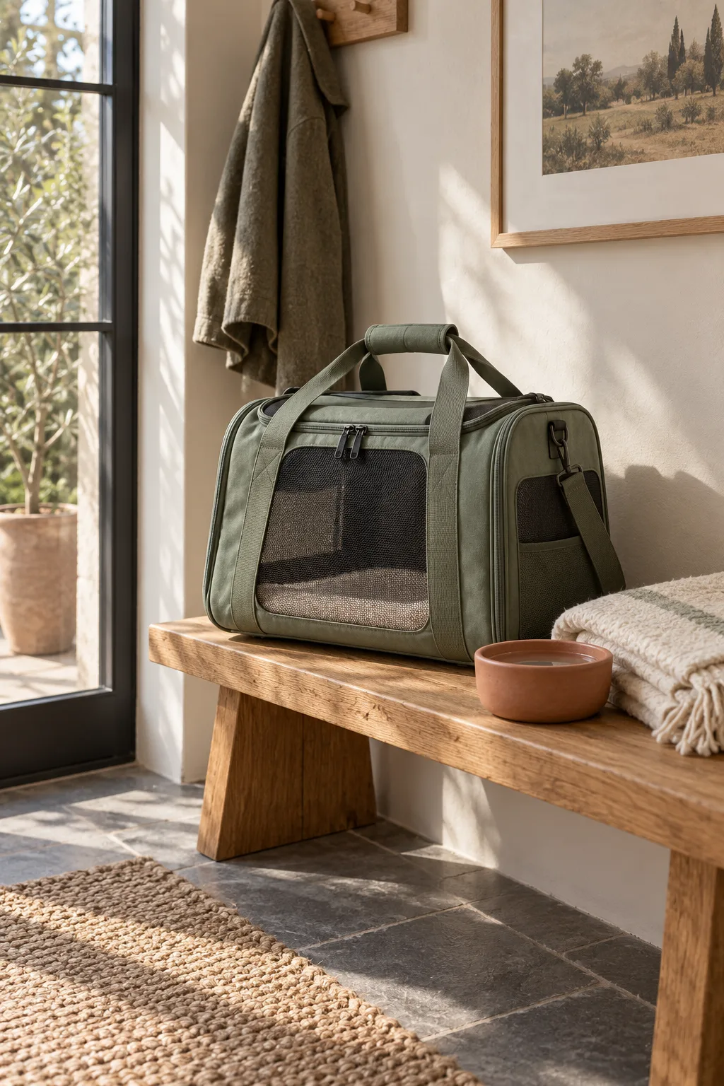 Original concept pet carrier, blanket and bowl on an oak bench
