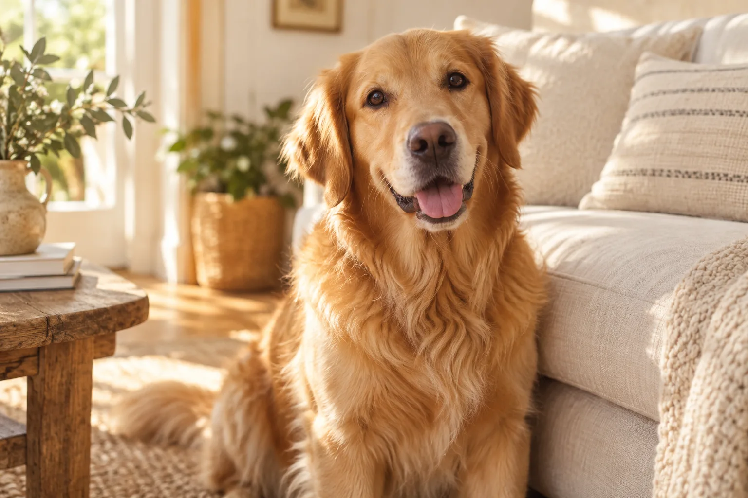 Original fictional golden retriever portrait in a sunlit home; not an actual patient