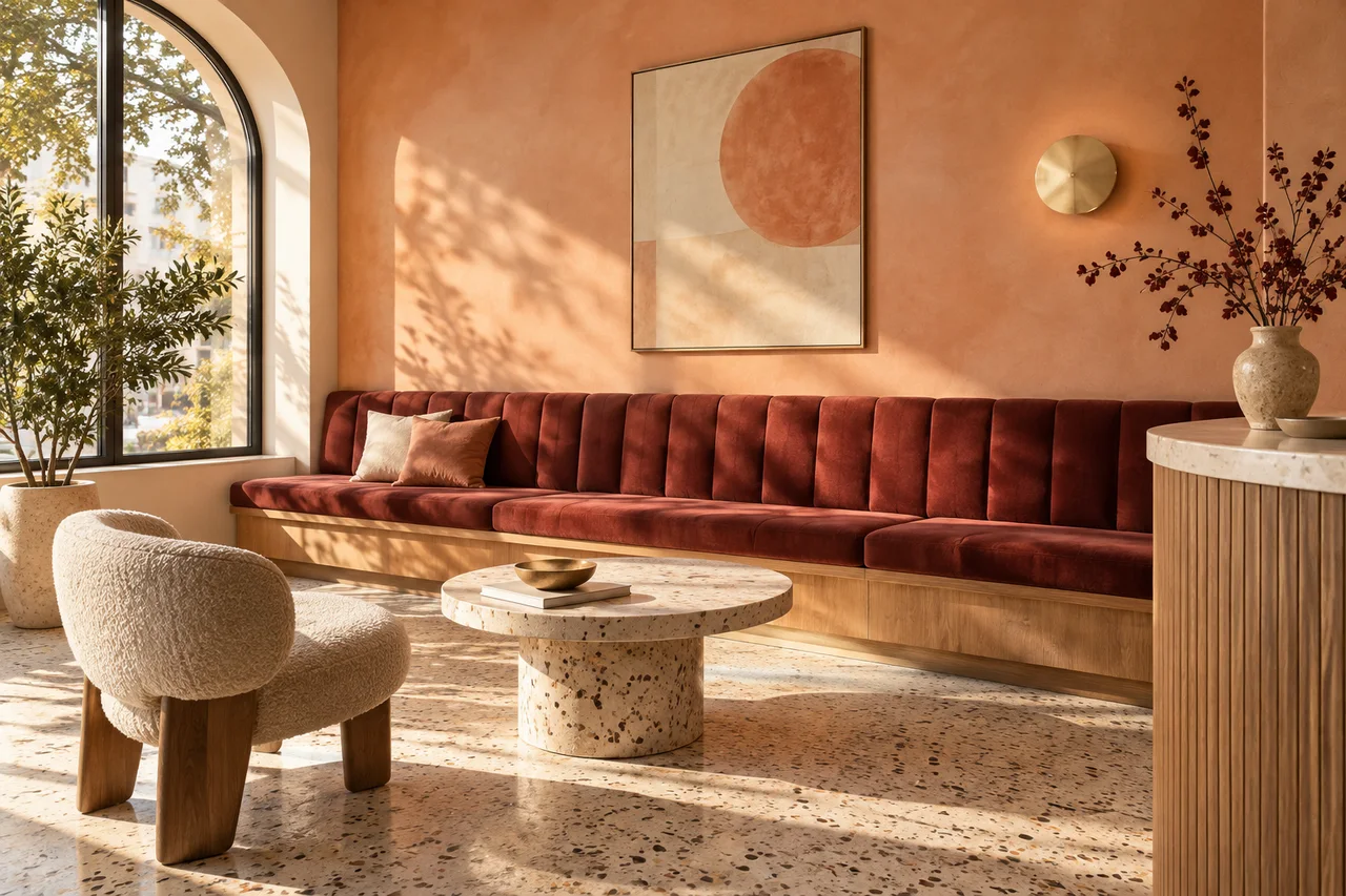 Original concept image of a family dental waiting space with a cranberry bench, peach plaster and warm daylight