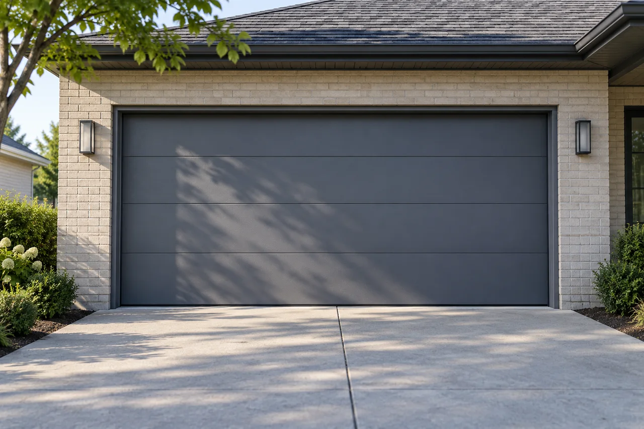 Original concept closed garage door on a pale brick home