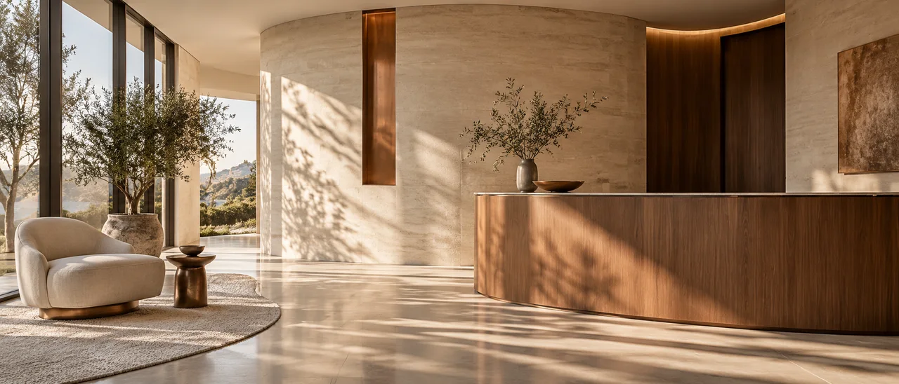 Original concept image of a daylight dental lounge with ivory limestone, warm oak and a pale linen chair