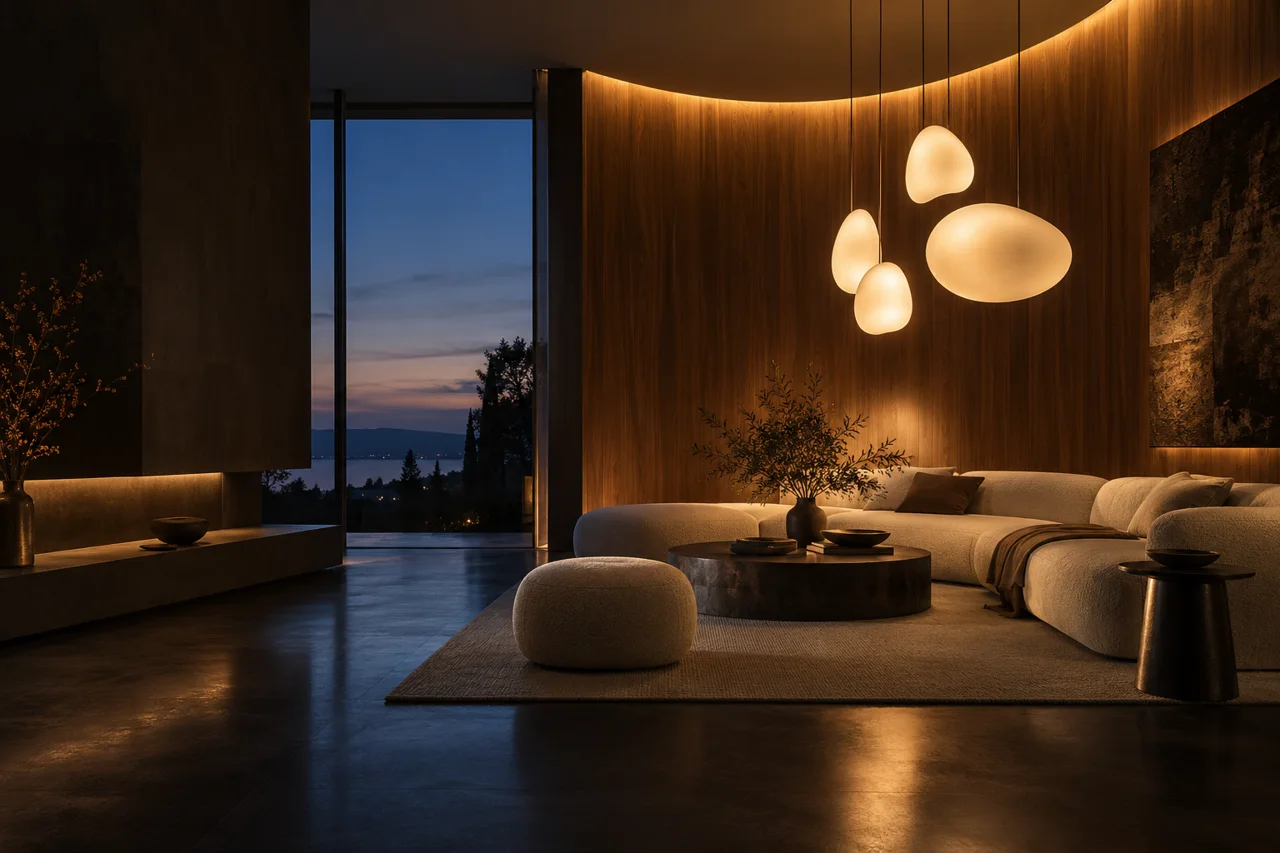 Original conceptual living room with warm layered lighting