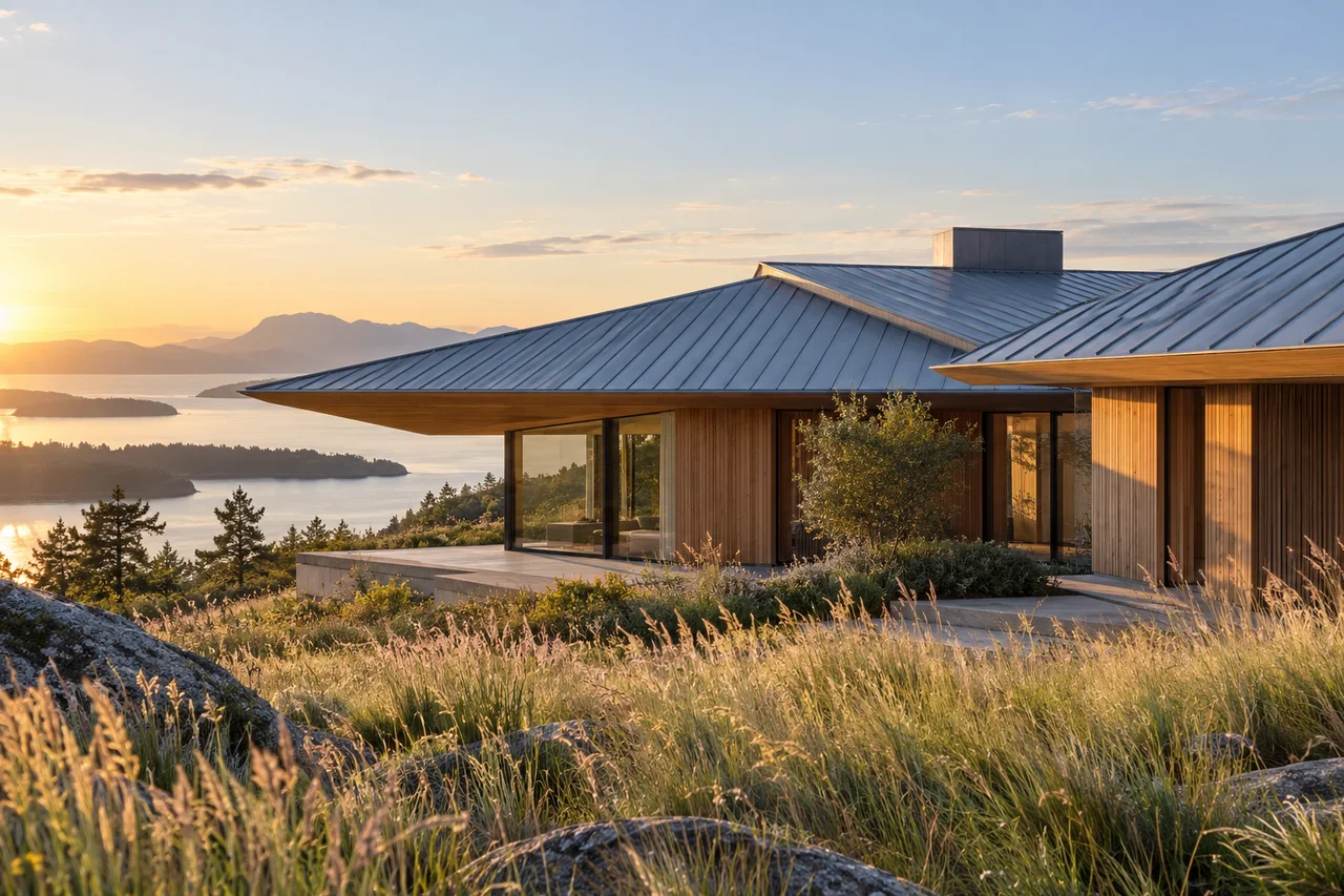 Original concept cedar home with a standing-seam zinc roof in soft sunlight