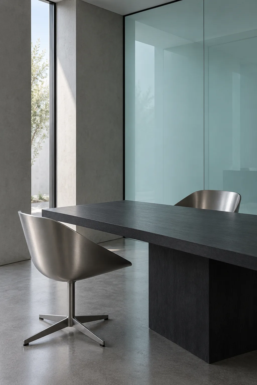 Original fictional business meeting room with charcoal table and pale cyan glass