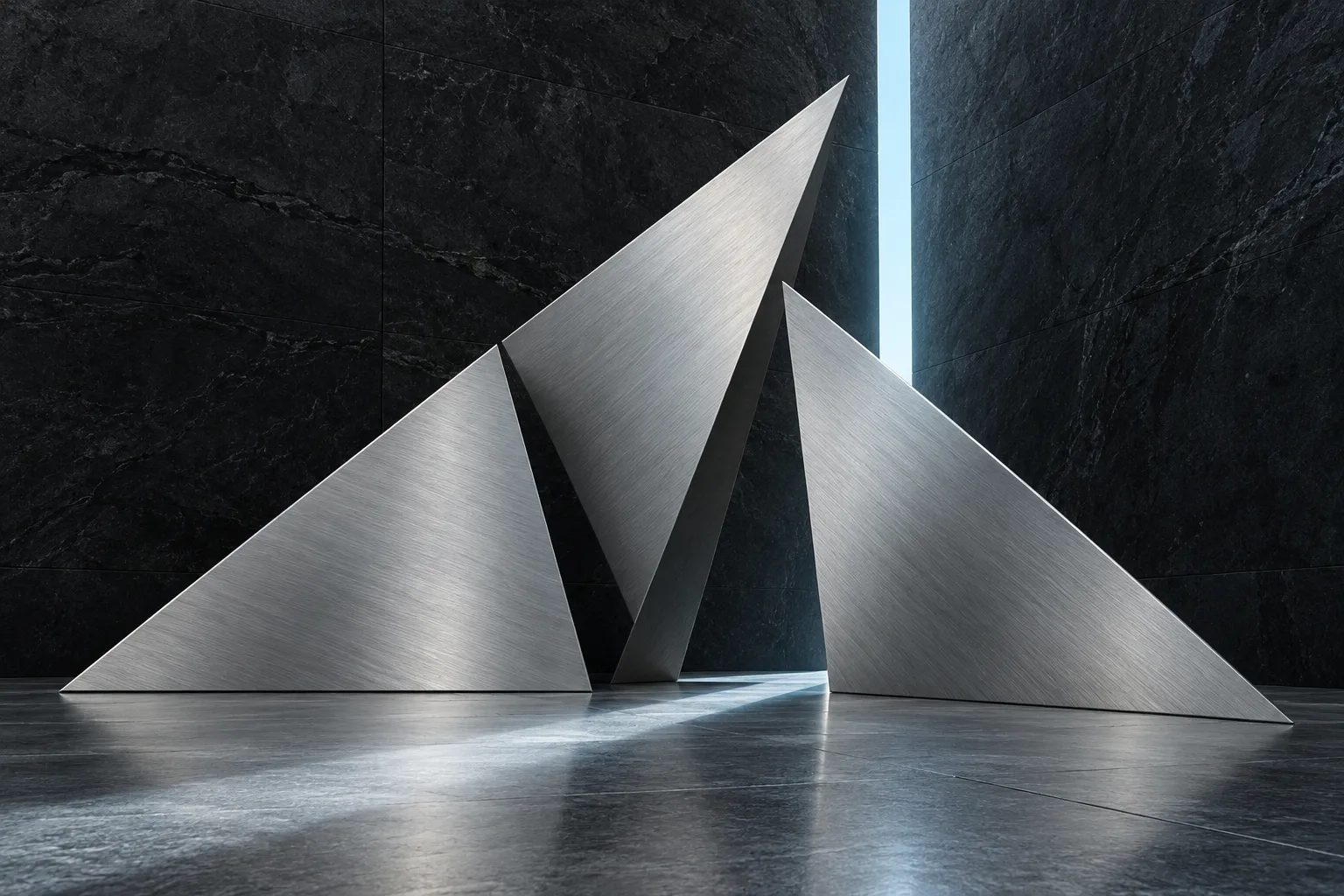 Original metallic geometric sculpture against dark stone and cyan daylight