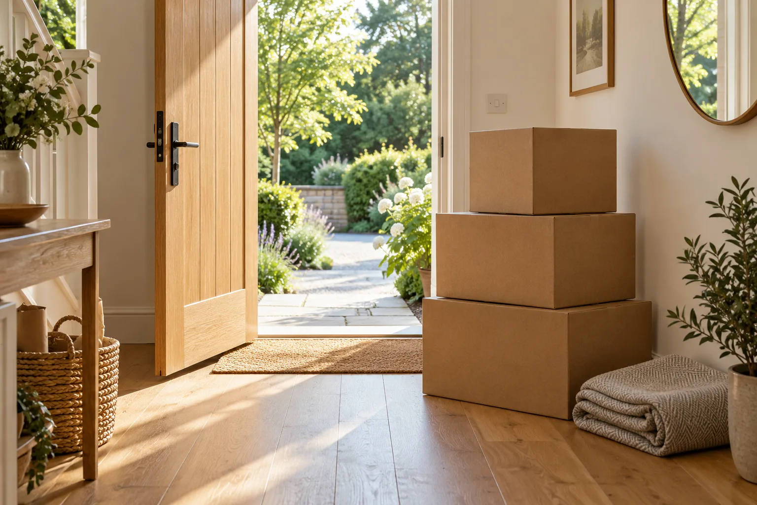 Original fictional home entrance with plain moving cartons