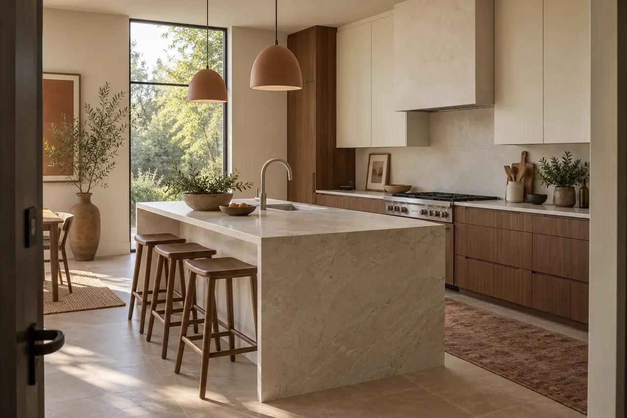 Original kitchen concept with walnut cabinetry, limestone island and warm daylight