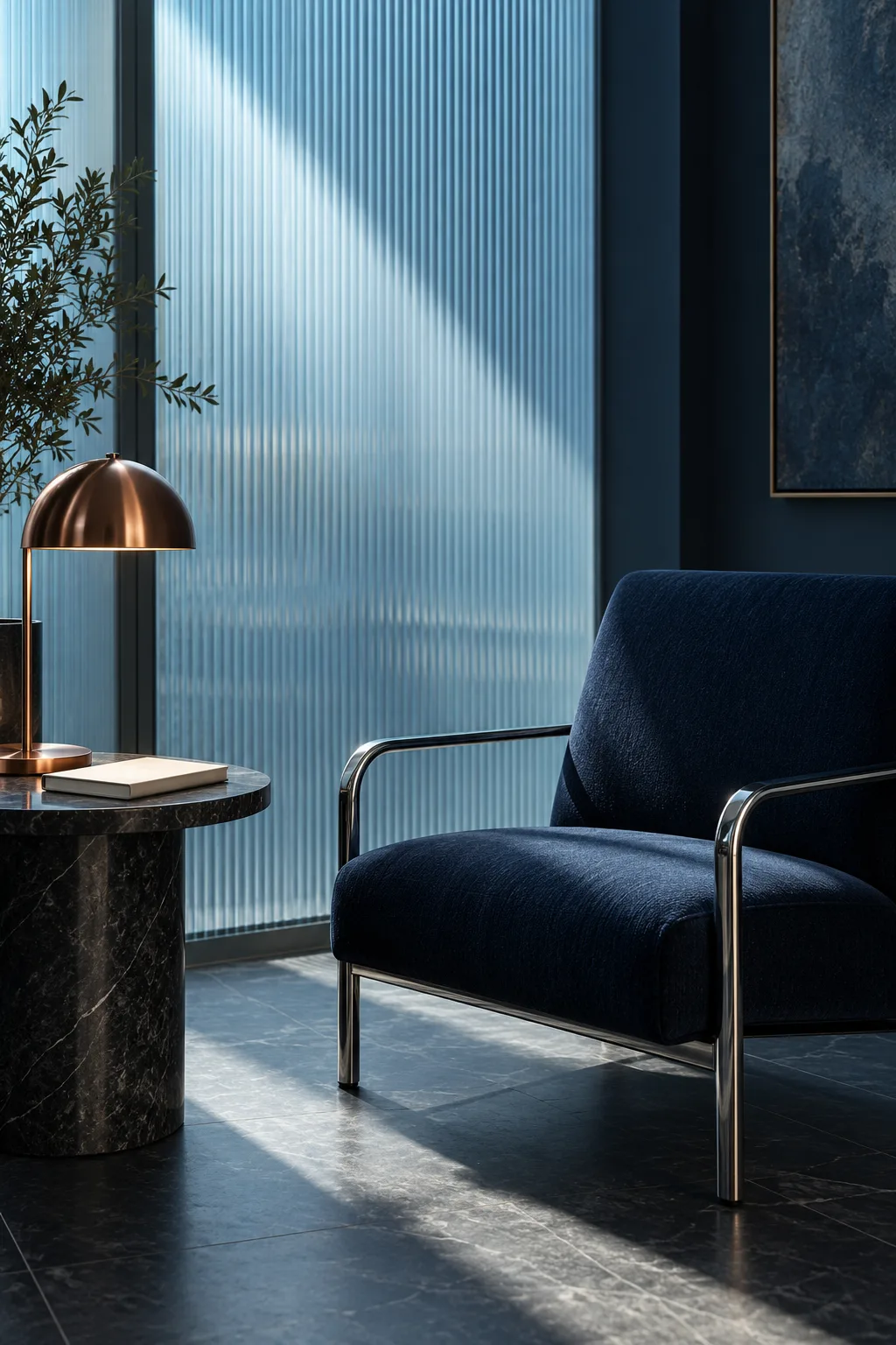 Original concept alcove with a navy chair, ribbed glass and copper lamp