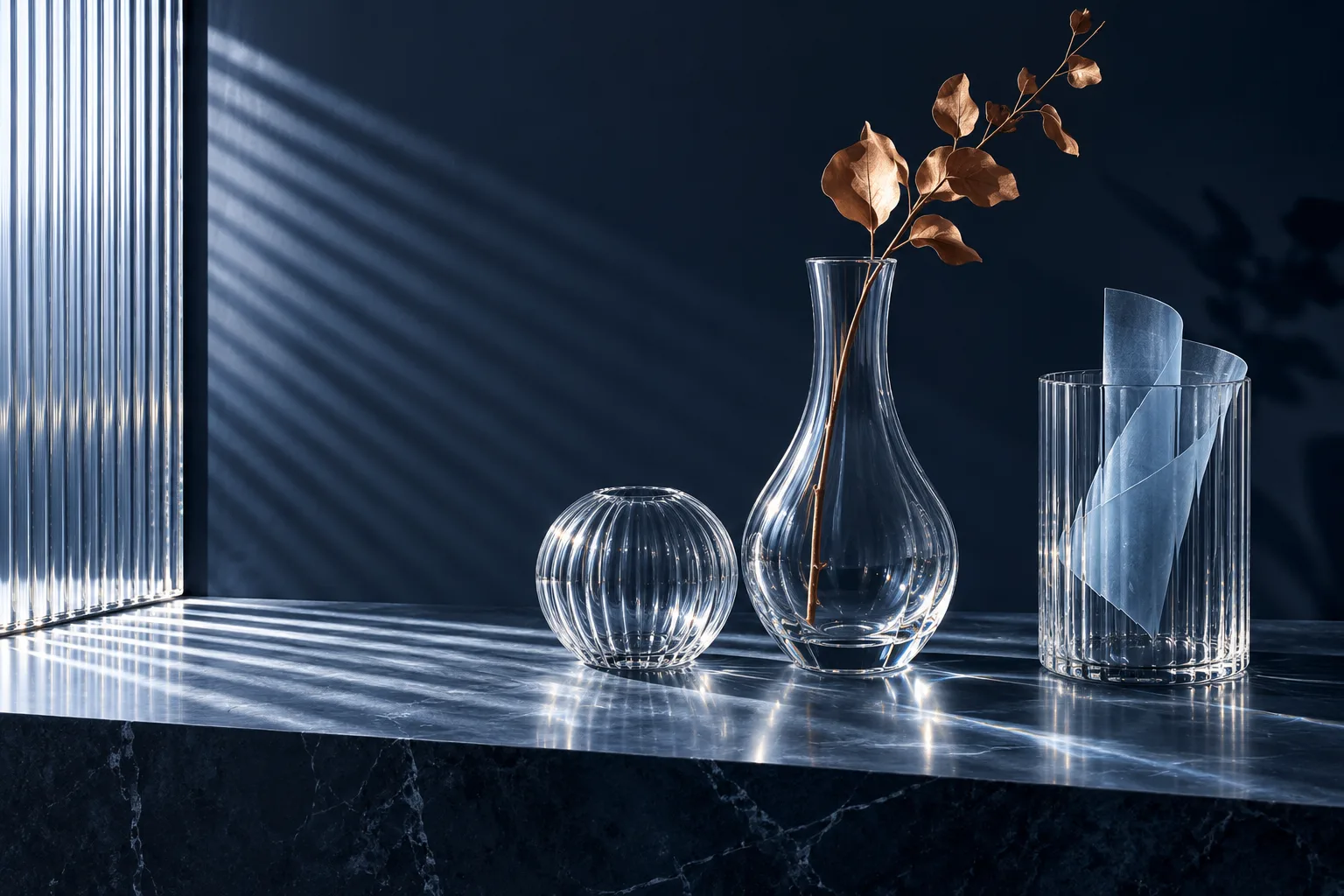 Original glass still life with a copper branch and blue translucent sheet in precise navy light