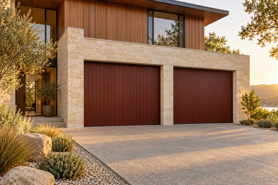 Original concept timber home with burgundy garage doors