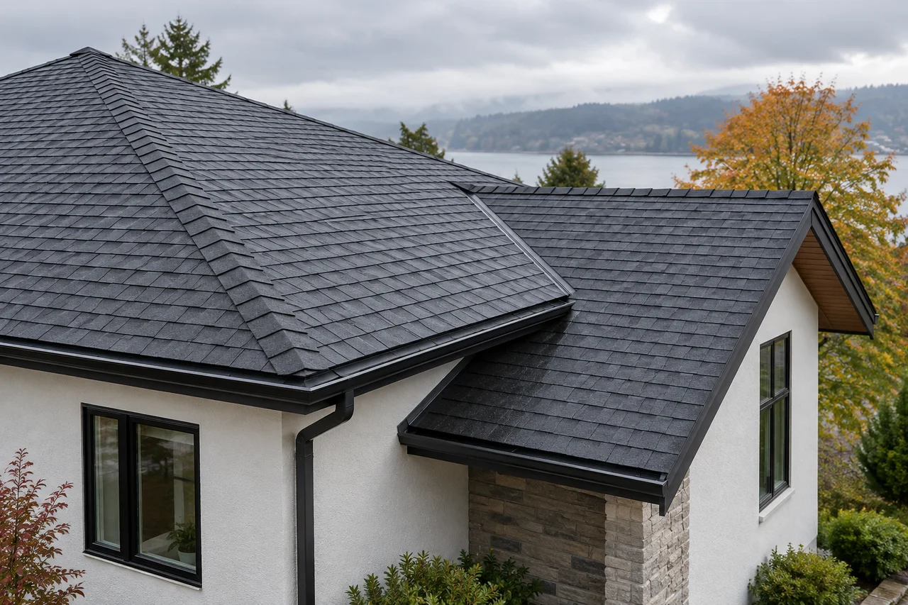 Original concept home roof with charcoal shingles and clean white stucco walls