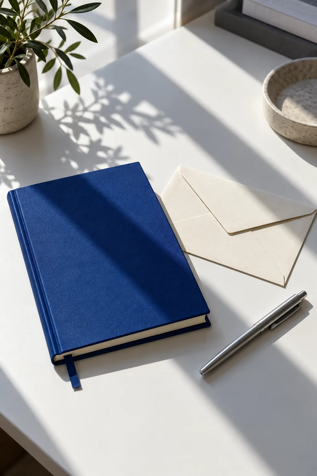 Original cobalt notebook, plain envelope and steel pen still life